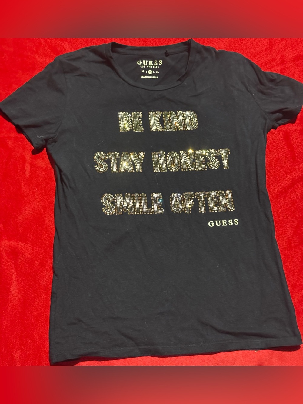 GUESS Black Short-Sleeve Tee with Gold Stud Slogan